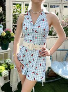 SHEIN 少女优雅简约格子樱桃印花无袖连体裤