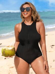 Swim SPRTY Einteiliger Badeanzug für Damen in Große Größen Einfarbig, Reißverschluss und ärmellos für Strand-Urlaub