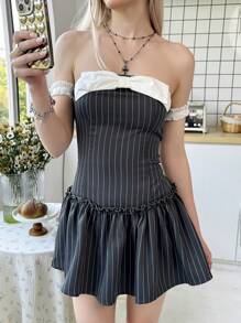 SHEIN Vestido midi ajustado de estilo casual Y2K para adolescentes, con parches y contraste de colores en el top de bandeau y la cintura - Gris - Ver 4