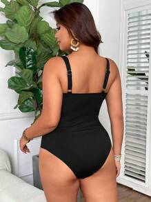 Swim Vcay Plus Size Women Square Neck Tummy Control One-Piece Swimsuit, Solid Color Ribbed Fabric, Simple Everyday Swimwear, For Summer Beach Vacation - Black - View 2