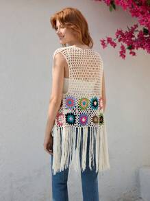Skyraze 米色度假流苏女式上衣和背心，钩针花卉 - 杏色 - 查看 2