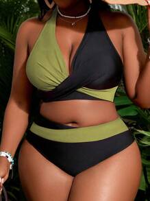 SHEIN Slayr CURVE Plus Size Women Color Block Personalized Halter Bikini Set, Vacation Wear, For Summer Beach