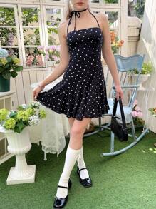 SHEIN Teen Girls Elegant Sweet Ruffle Polka Dot Halter Neck 2-In-1 Dress - Black - View 6
