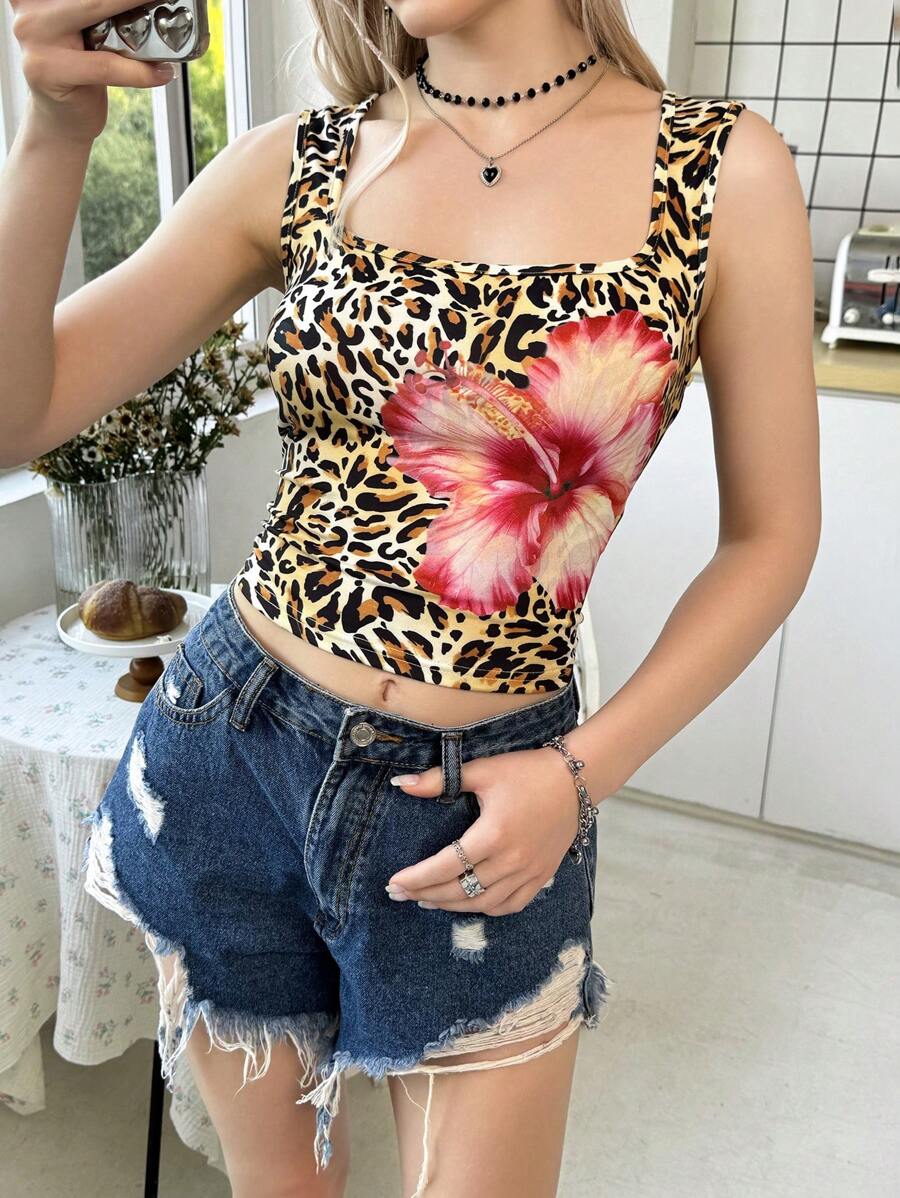 SHEIN Teenager Mädchen Passform Lässig Leoparden- und Blume Muster Crop Top mit Bauchnabel im Y2K Stil