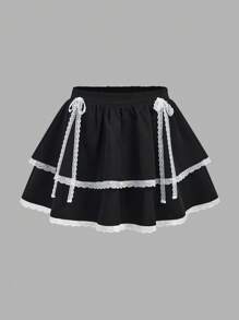 SHEIN Teen Girl Black Ruffled Contrast Floral Lace Trim Big Bow Skirt - Black - View 2