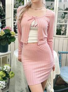 SHEIN 2pcs/Set Teen Girls' Pink Casual Jacquard Knit Crew Neck Open Front Cropped Top And Mini Skirt Set - Pink - View 6