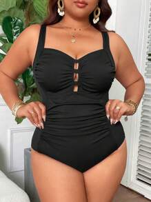 Swim Vcay Plus Size Women Square Neck Tummy Control One-Piece Swimsuit, Solid Color Ribbed Fabric, Simple Everyday Swimwear, For Summer Beach Vacation - Black - View 3