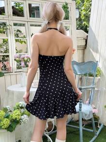SHEIN Teen Girls Elegant Sweet Ruffle Polka Dot Halter Neck 2-In-1 Dress - Black - View 3