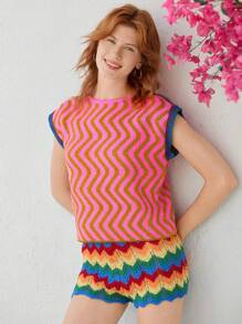 Skyraze 女士圆领粉色波浪图案针织毛衣背心 - 彩色 - 查看 1