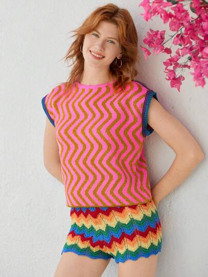 Skyraze Chaleco de punto con cuello redondo y diseño de ondas en color rosa para mujer