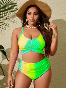 SHEIN Slayr CURVE Plus Size Women 2 Pieces Printed Tankini Swimwear Set, For Leisure And Vacation