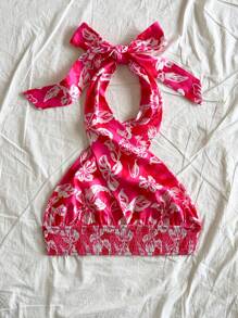 Soleia Vacation Lively Silhouette Floral Print Halter Top - Hot Pink - View 2