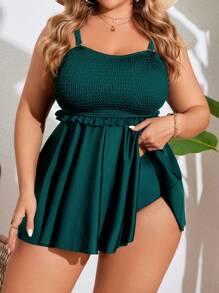 SHEIN Swim Curve 大码女式纯色细肩带比基尼两件套泳衣套装连衣裙和下装，休闲度假风格，夏季海滩度假 - 綠色 - 查看 1