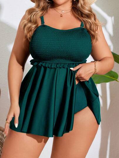 SHEIN Swim Curve Plus Size Women Solid Color Spaghetti Strap Tankini 2Pcs Swimsuit Set Dress And Bottom, Casual Holiday Style, Summer Beach Vacation