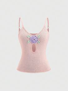 Sweetra Camiseta de tirantes de verano de mujer estilo retro dulce con diseño floral 3D tejido en rosa