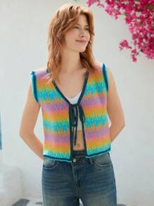 Skyraze Women's Ombre Lace-Up Casual Knitted Vest - Multicolor - View 4