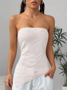 Flirla Women Solid Color Asymmetrical Hem Fashionable Bandeau Top - Apricot - View 3