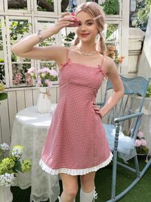 SHEIN Teen Girls' Red Elegant Simple Spaghetti Strap Bowknot Patchwork Ruffle Hem Plaid A-Line Dress - Red - View 1