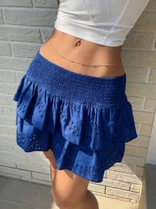 SHEIN Unity Indigo Embroidered Ruffle Hem Skirt - Navy Blue - View 4