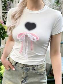 SHEIN 青少年女孩合身休闲圆领套头 T 恤，带有心形图案和 3D 蝴蝶结装饰 - 白色 - 查看 5