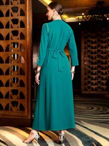 Al Najma Handmade Rhinestone Patchwork Long Sleeve Split Arab Style Long Dress, Arabian Dresses - Green - View 2