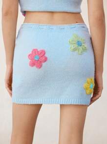 SHEIN Unity Casual Holiday 3D Flower Drawstring Waist Knitted Skirt - Blue - View 2