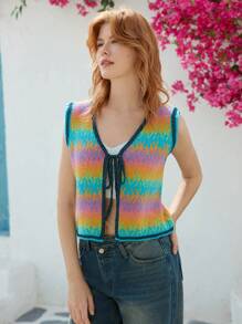 Skyraze Women's Ombre Lace-Up Casual Knitted Vest - Multicolor - View 3