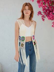 Skyraze 米色度假流苏女式上衣和背心，钩针花卉 - 杏色 - 查看 1