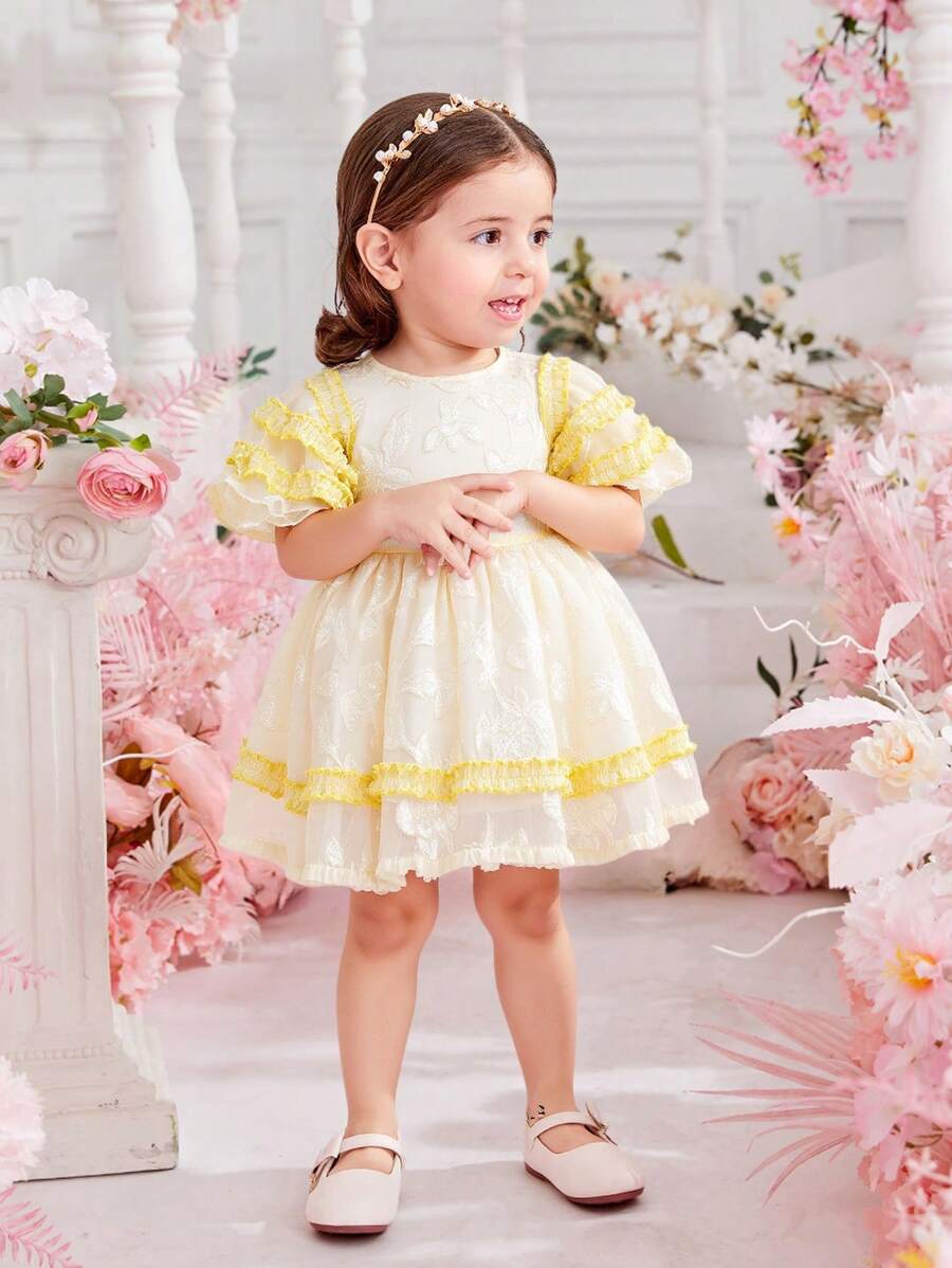Glamorique Kids Fancy Cutout Pattern Puff Sleeve Girls Dress, Spring/Summer - Yellow - View 1