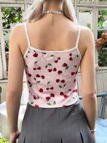SHEIN Teens' Slim-Fit Casual Minimalist Comfortable Cherry Pattern Bow Decor Camisole - Pink - View 2