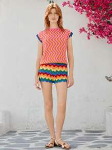 Skyraze 女士圆领粉色波浪图案针织毛衣背心 - 彩色 - 查看 4