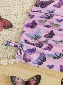 3 件套年轻女孩可爱蝴蝶印花比基尼带沙滩裙泳装套装 - 粉色 - 查看 5