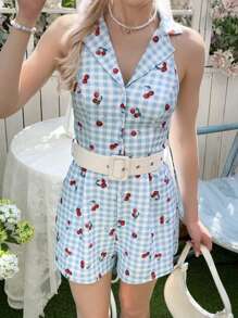 SHEIN 少女优雅简约格子樱桃印花无袖连体裤