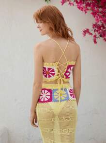 Skyraze Women's Yellow Crocheted Daisy Pattern Beach Holiday Knit Blouse, Yellow Knitted Vest - Yellow - View 2