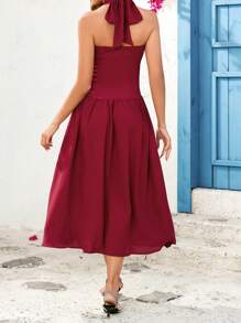 SHEIN Clasi 度假装女士，优雅女士酒红色重叠领带，褶皱开叉腰，A 字飘逸连衣裙，适合各种场合，春夏连衣裙，浪漫优雅 - 酒紅色 - 查看 5