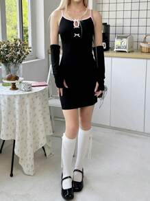 SHEIN Teen Girls' Elegant Colorblock Bowknot Decor Hollow-Out Strappy Dress With Sleeve Cuff - Black - View 6