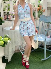 SHEIN 少女优雅简约格子樱桃印花无袖连体裤