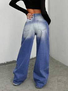 SHEIN Jeans ample à jambe large, taille mi-haute, avec poches, style casual polyvalent pour femmes