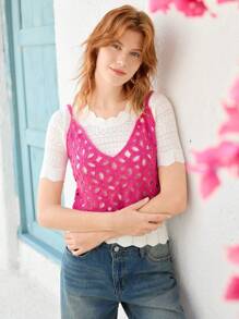 Skyraze Rose Pink Adorable Beach Crochet Floral Knitted Tank Top, Mesh Openwork Vest For Women - Hot Pink - View 3