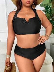 SHEIN Swim Curve Bộ đồ bơi giản dị thanh lịch cổ khoét sâu màu trơn cỡ lớn cho nữ, đi biển mùa hè - màu đen - Xem 5