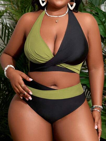 SHEIN Slayr CURVE Plus Size Women Color Block Personalized Halter Bikini Set, Vacation Wear, For Summer Beach