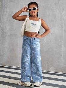 Girls' New Butterfly Print Straight Leg Wide Leg Versatile Jeans - Medium Wash - View 5