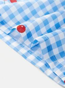 SHEIN 少女休闲中腰樱桃图案格子短裤 - 藍色 - 查看 8