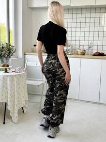 SHEIN Leap Crew 2 件套青少年女孩休闲简约圆领不对称下摆 T 恤和裤子套装 - 黑色 - 查看 2