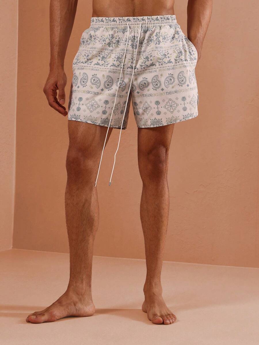 SUMWON 头巾印花沙滩短裤佩斯利图案夏季度假泳裤度假胜地池畔松紧腰轻质中长款游泳短裤 - 彩色 - 查看 1