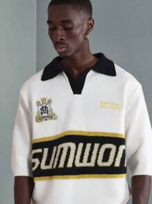 SUMWON Vintage Retro College Stijl Varsity Gebreide Polo Trui met Geborduurd Logo Atletisch Ontwerp Casual Herfst Winter Lente Trui
