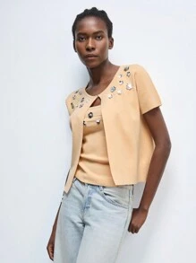 Maija Valentine's Day Ladies Spring And Summer New Light Yellow Diamond Flowers Elegant Modern Urban Daily Casual Woolen Top Cardigan Suitable For Going Out Holiday Party Date Wear Party Wedding Music Festival Suit Bohemian 90s Women's Clothing Old Money