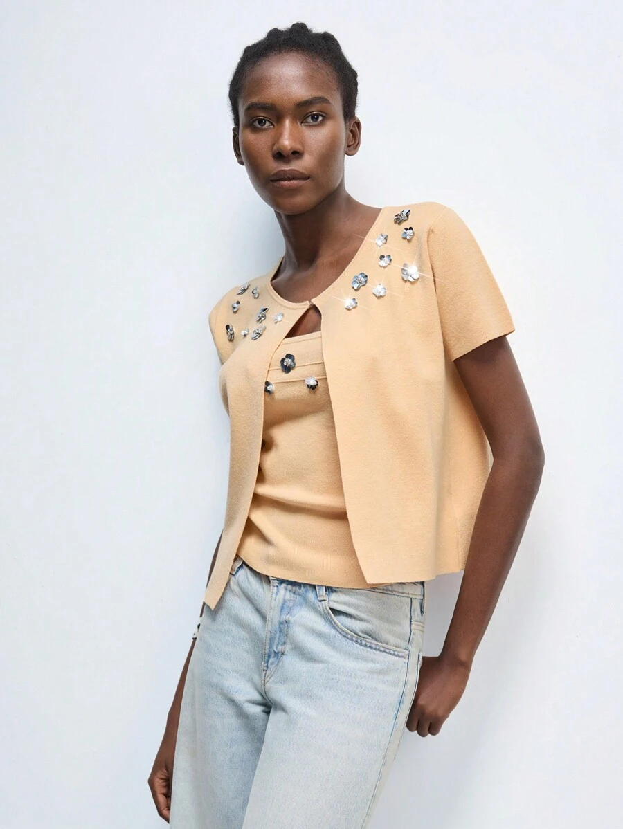 Maija Valentine's Day Ladies Spring And Summer New Light Yellow Diamond Flowers Elegant Modern Urban Daily Casual Woolen Top Cardigan Suitable For Going Out Holiday Party Date Wear Party Wedding Music Festival Suit Bohemian 90s Women's Clothing Old Money