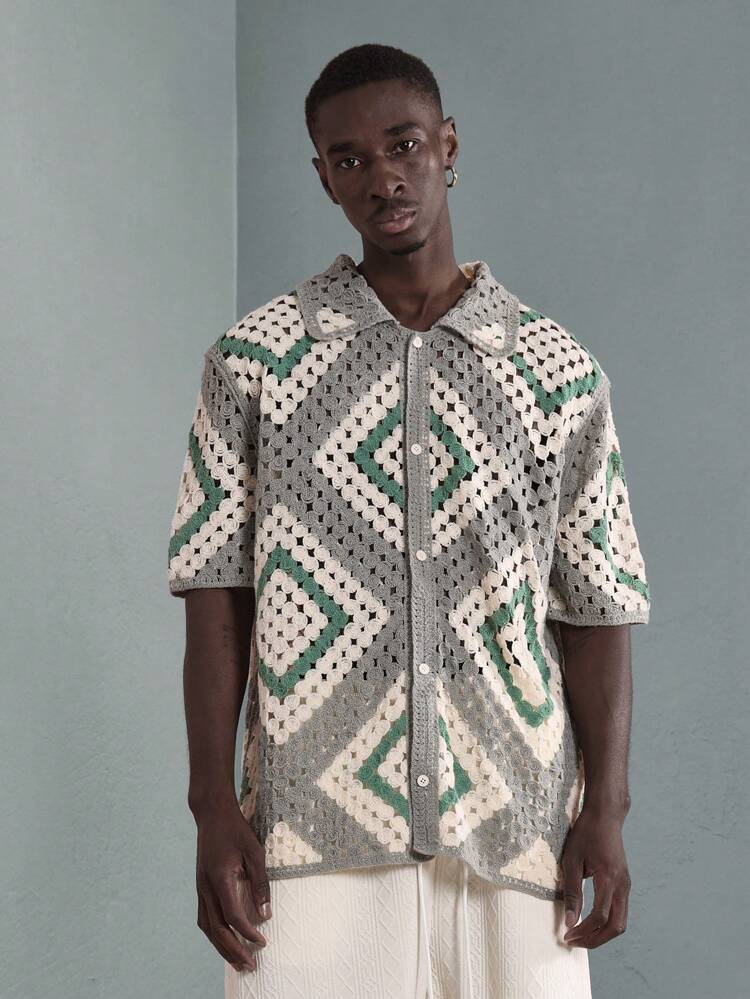 Crochet Knit Button-Down Shirt Geometric Pattern Short Sleeve