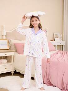 Tween Girl Cute Simple Colorful Heart Graphic Lapel Snap-Button Patch Pocket Long Sleeve Loungewear Set, 2pcs, Loose & Comfy Pj Sets For Teens Pajama Sets For Girls Of Sleepwear Teenage Girls Pajama Sets For Teens